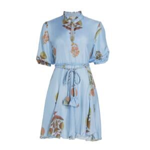 Hannah Gaia Floral Silk Habotai Puff Sleeve Shirtdress In Skyscape Blue Small